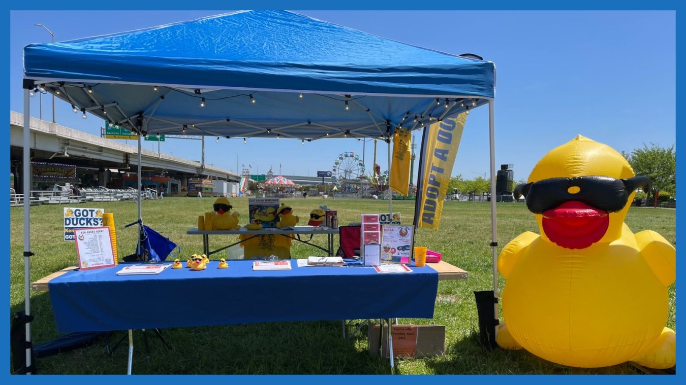 A duck adoption booth under a blue tent next to a giant inflatable duck