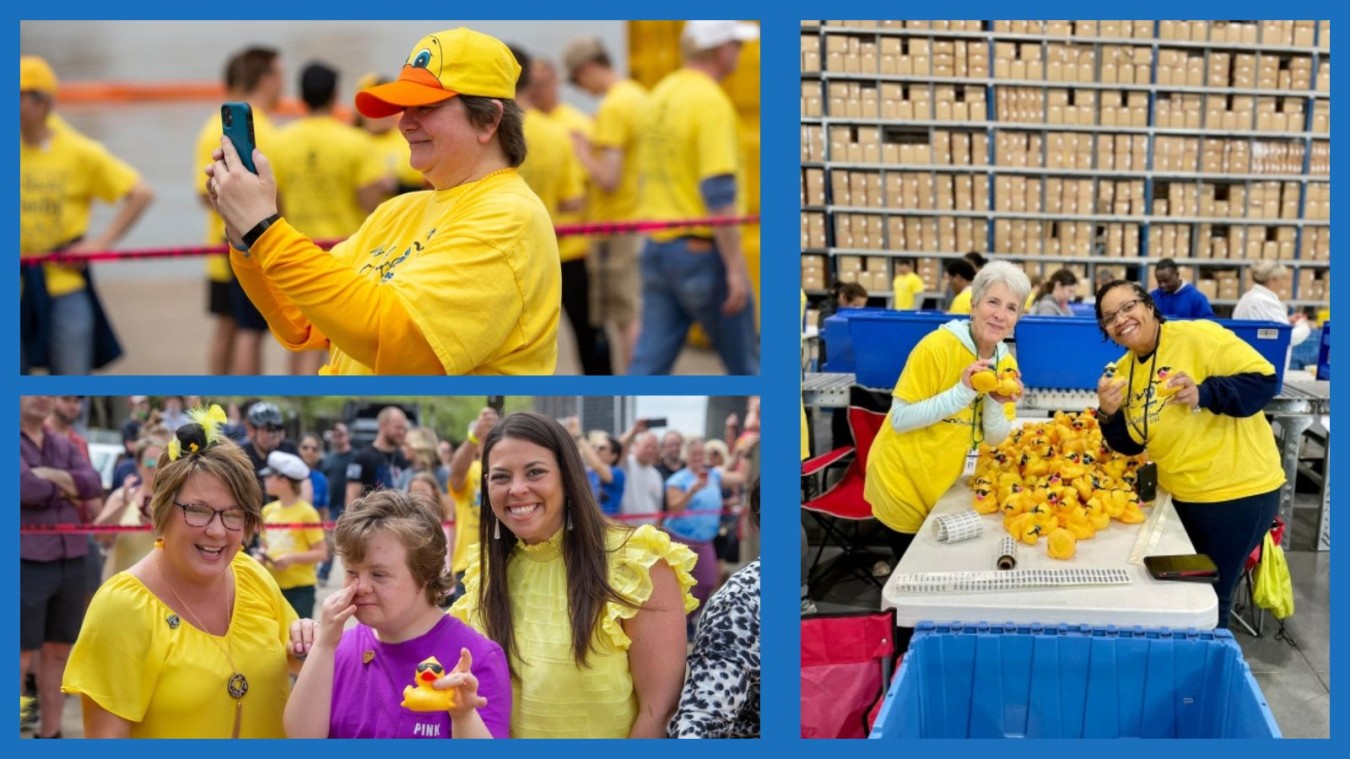 Volunteers in yellow shirts tagging ducks and cheering on race day