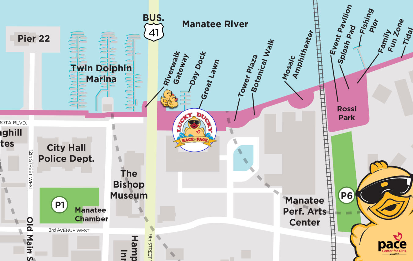 Map of the Bradenton Riverwalk showing the race spot by the Great Lawn and parking lots P1 and P6
